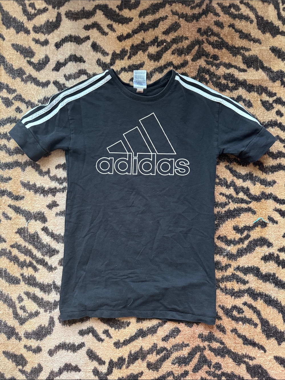 adidas Black Tee with White Outline Logo and Shoulder Stripes